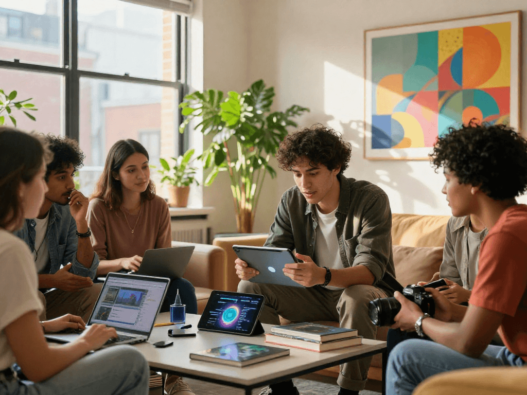 Youthful friends discussing advanced 18+ ai technology in a modern urban loft.
