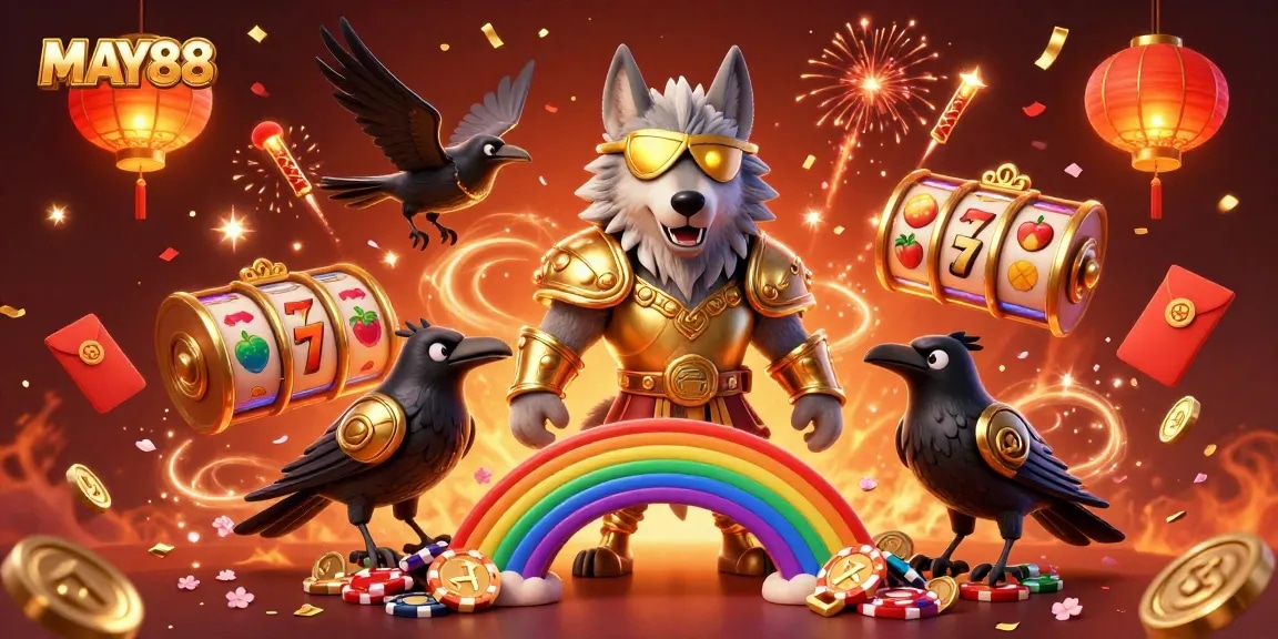 Engage with MAY88 through an exciting casino scene featuring Norse characters and vibrant gaming elements.