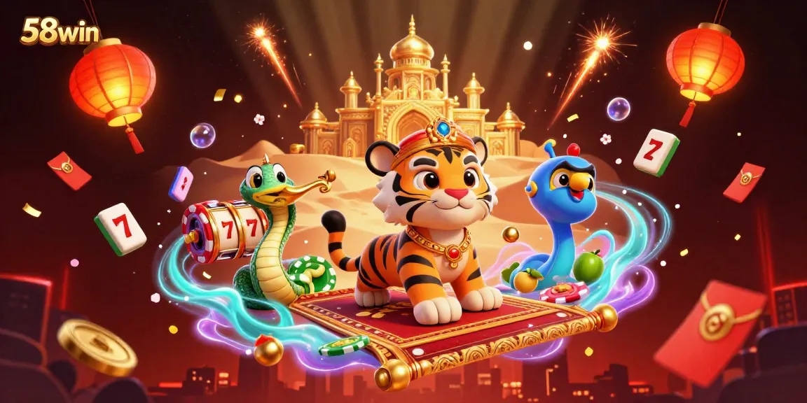 Experience thrilling gameplay with 58win's dynamic casino illustration showcasing vibrant slot elements.