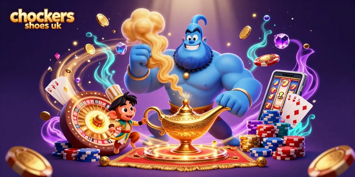 Engaging casino scene illustrating chockers shoes uk with a blue genie, poker chips, and gold coins