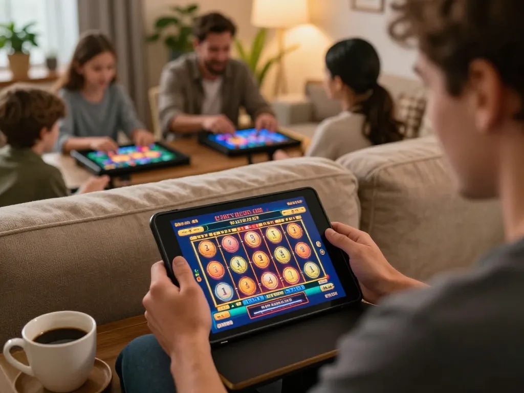 Player enjoying 888slot on a tablet in a cozy home setup, emphasizing responsible gambling and strategic play.