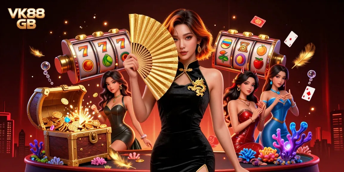 Engage in the vibrant world of VK88 GB, showcasing a captivating Asian woman amidst rich casino elements for thrilling gameplay.
