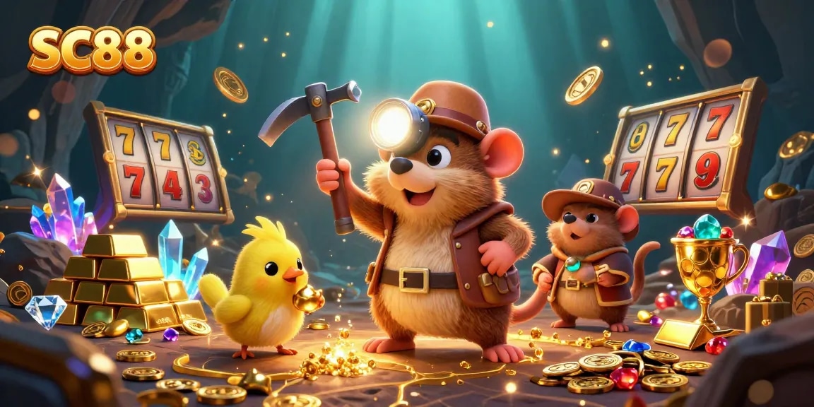 Spin reels and win with SC88's immersive 3D cartoon treasure hunter illustration.