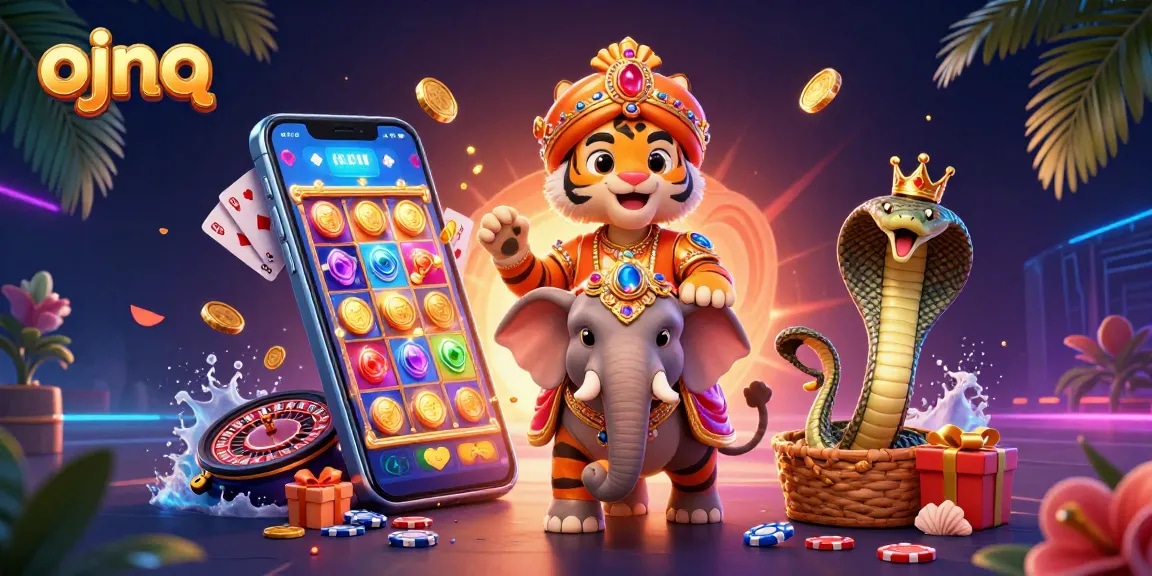 Experience thrilling gaming with ojnq's vibrant casino adventure in a lively 3D cartoon scene.