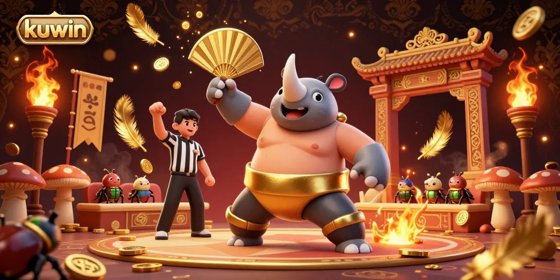 Kuwin's vibrant gambling scene features a powerful rhinoceros beetle champion amidst a dynamic celebration of luck and strategy.