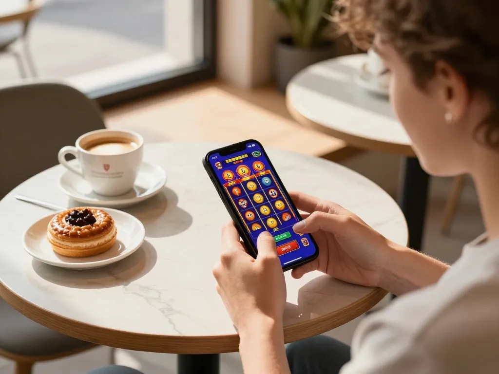 Engaging moment of F8BET mobile gaming on a stylish café table.