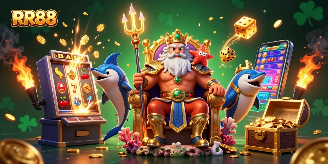 Experience the excitement of RR88 with a vibrant 3D illustration featuring jackpots and casino games.