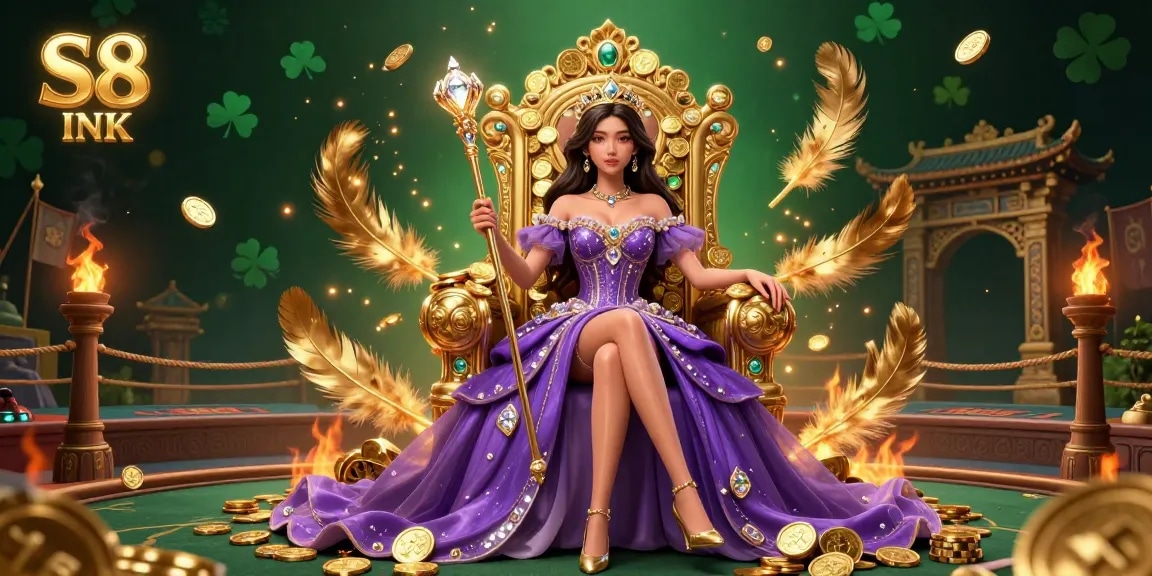 S8 INK features a glamorous Asian woman in a royal gown, amidst a vibrant casino scene with gold coins and flames.