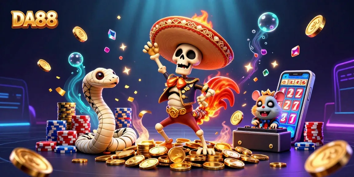 DA88 offers thrilling gameplay with a vibrant victory dance featuring a skeleton mariachi rooster among golden coins.