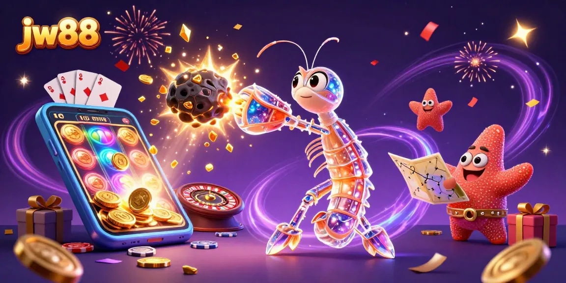 Engage in lively gaming with jw88's vibrant 3D illustration featuring galactic characters in an action-packed casino scene.