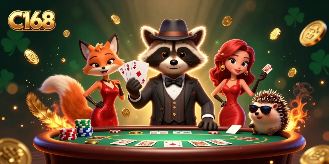 C168 players engaging in a vibrant casino scene, showcasing a raccoon, fox, and hedgehog surrounded by poker elements.