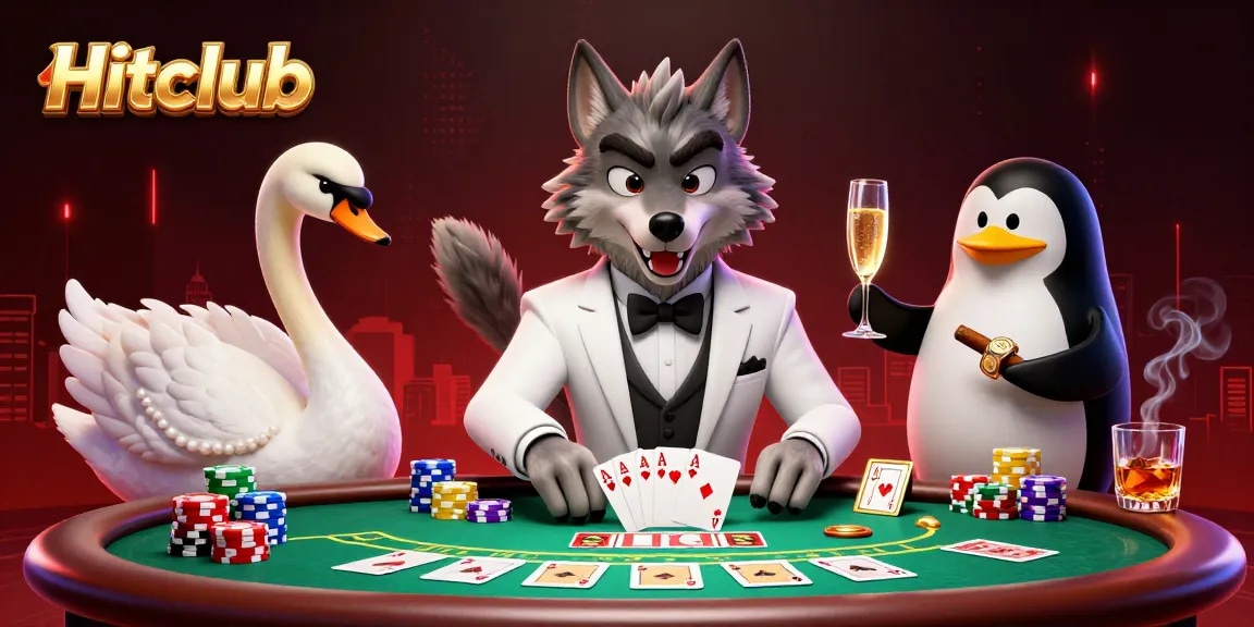 Hitclub showcases a debonair wolf at a baccarat table surrounded by colorful poker elements.
