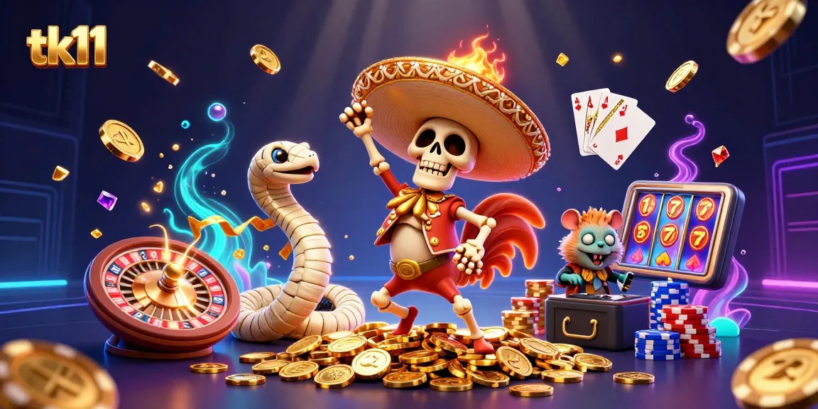 Experience exciting gaming action at tk11 with vibrant 3D illustration of casino-themed characters.