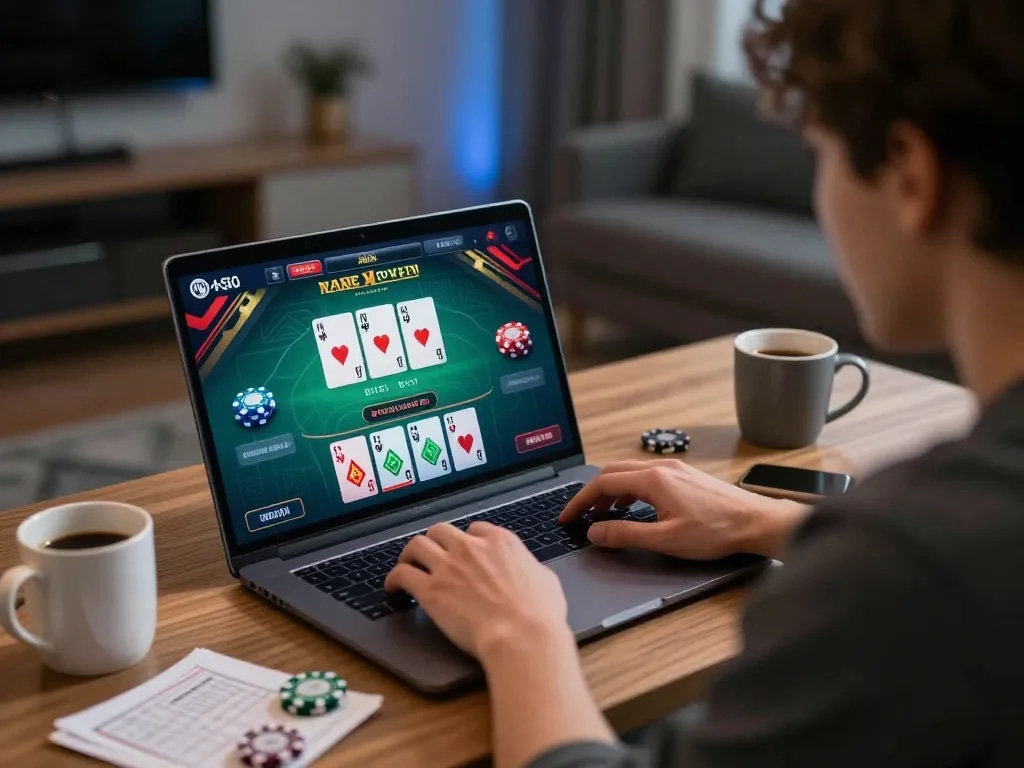 Gamer enjoying OPEN88 online casino experience on laptop, showcasing strategic play and engagement.