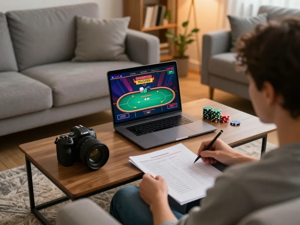 Engaging in online poker at home with n188, showcasing laptop interface and bankroll notes