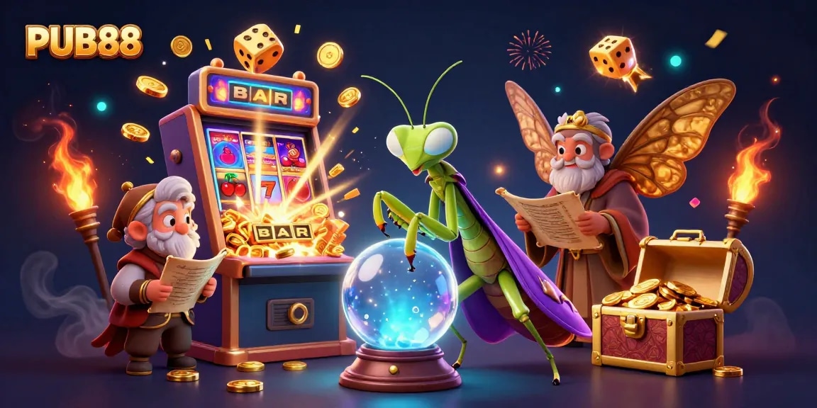 PUB88 invites gamers to win with an enchanting scene of fortune tellers and vibrant casino elements.