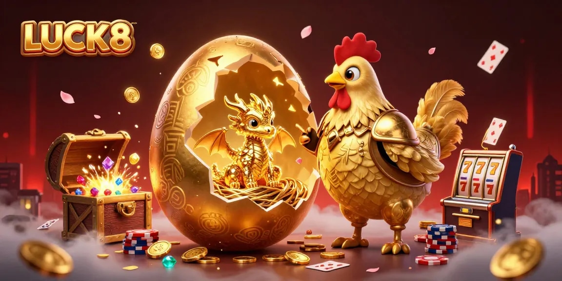 LUCK8 reveals a golden dragon amidst vibrant casino elements, capturing excitement in online gambling.