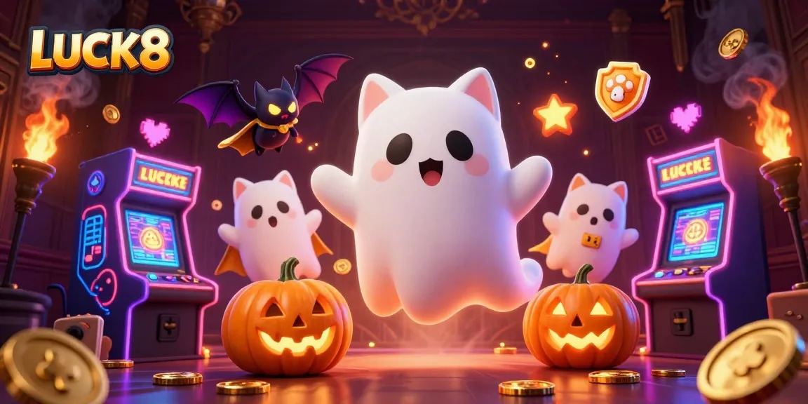 Experience thrilling gaming with LUCK8's vibrant 3D ghost cat and vampire bat in a colorful casino.
