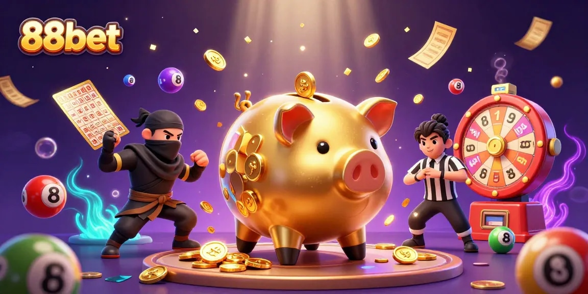88bet portrays energetic gameplay with a giant piggy bank sumo and dynamic lottery elements.