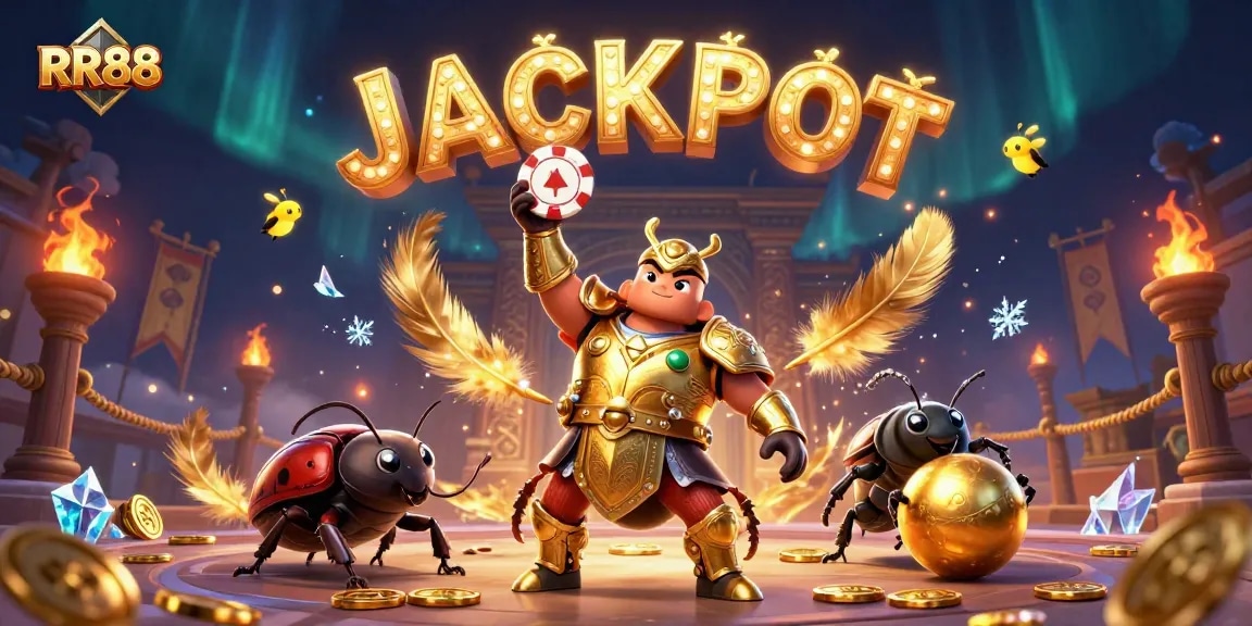 RR88 showcases a victorious beetle in gladiator armor celebrating a jackpot amid vibrant casino elements.