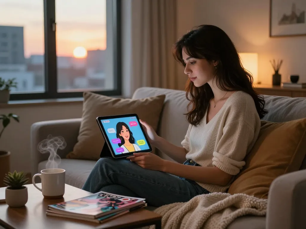 Young woman chatting with her AI girlfriend on a tablet in a cozy apartment.