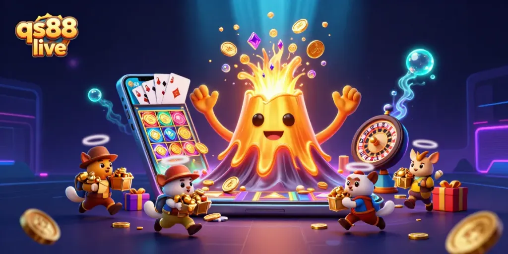 Experience the excitement of qs88 live with a dynamic 3D casino scene filled with treasures and vibrant game elements.