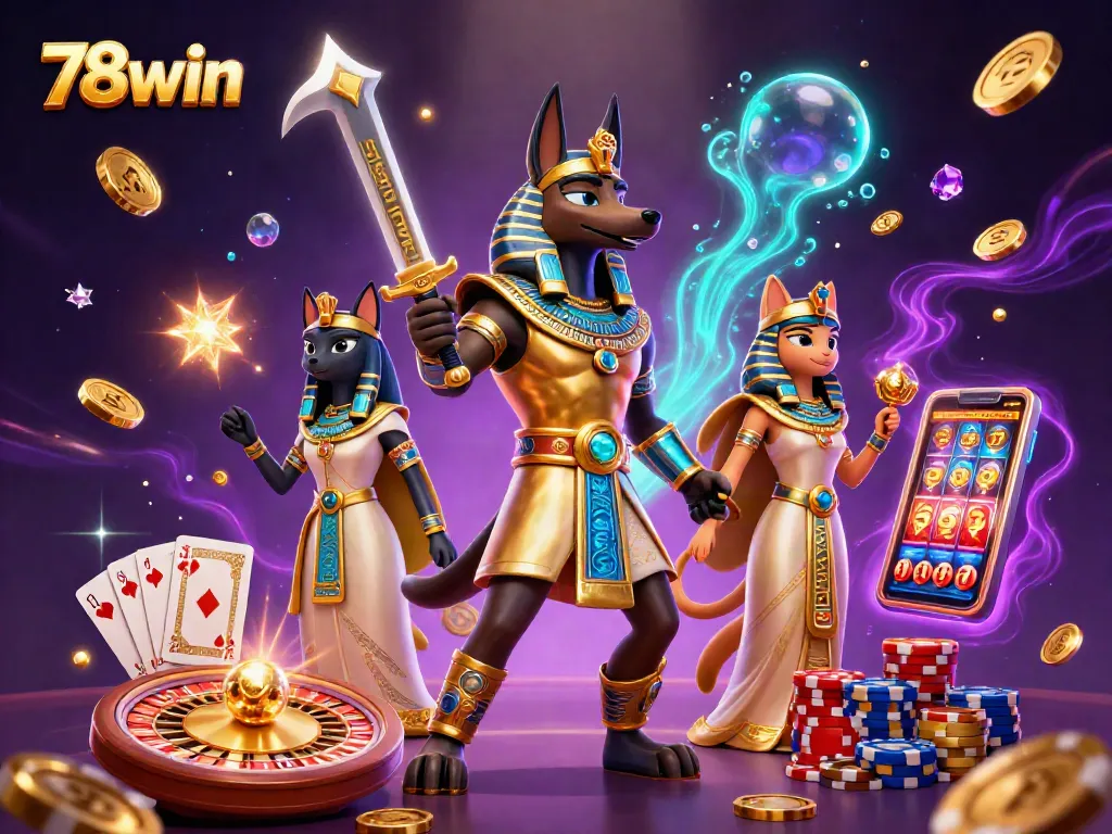 Bet big with 78win as Anubis leads the casino adventure amidst golden treasures.