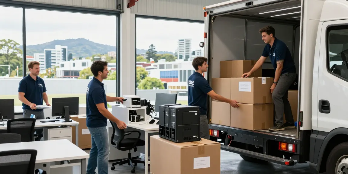 Moving companies Tauranga team packing office equipment during a professional relocation.