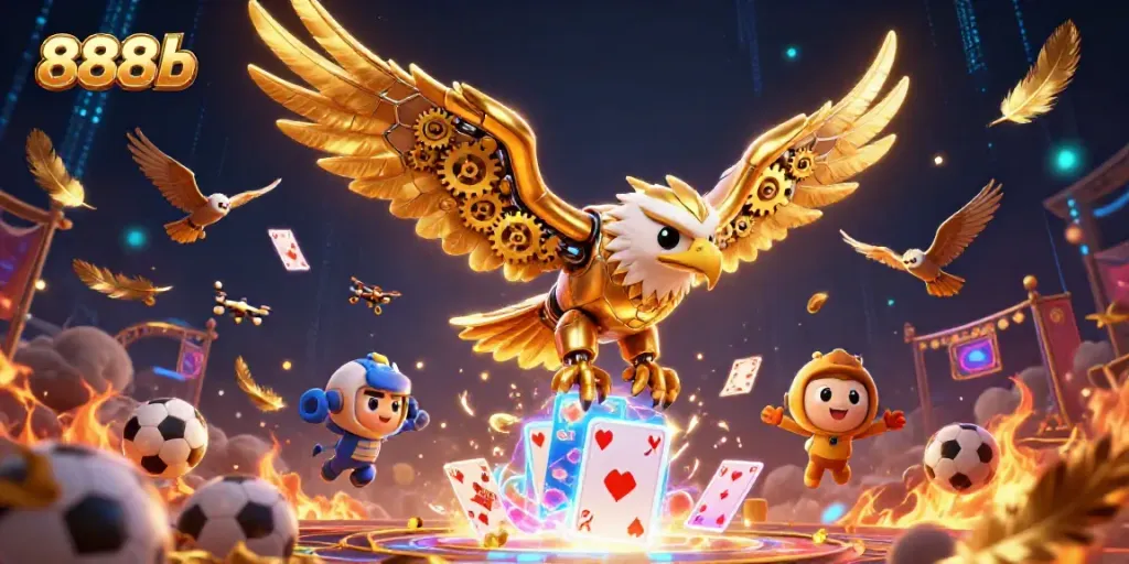 Experience immersive sports betting action with 888b, featuring a cybernetic eagle and holographic cards.