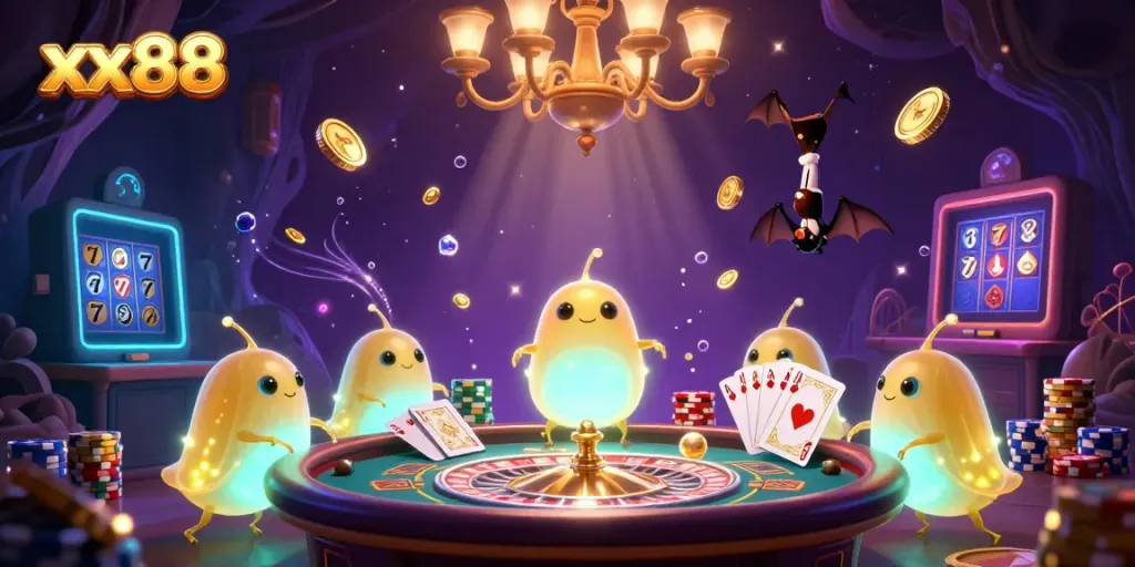 Experience gaming excitement at xx88 with glowworms lighting a colorful, vibrant casino scene.