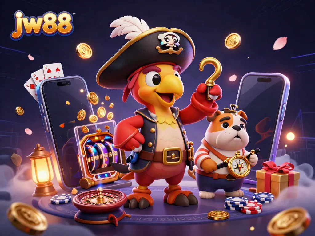 Engage with jw88's exciting gaming world in this vibrant 3D illustration featuring a pirate captain, bulldog, and cat amidst casino elements.