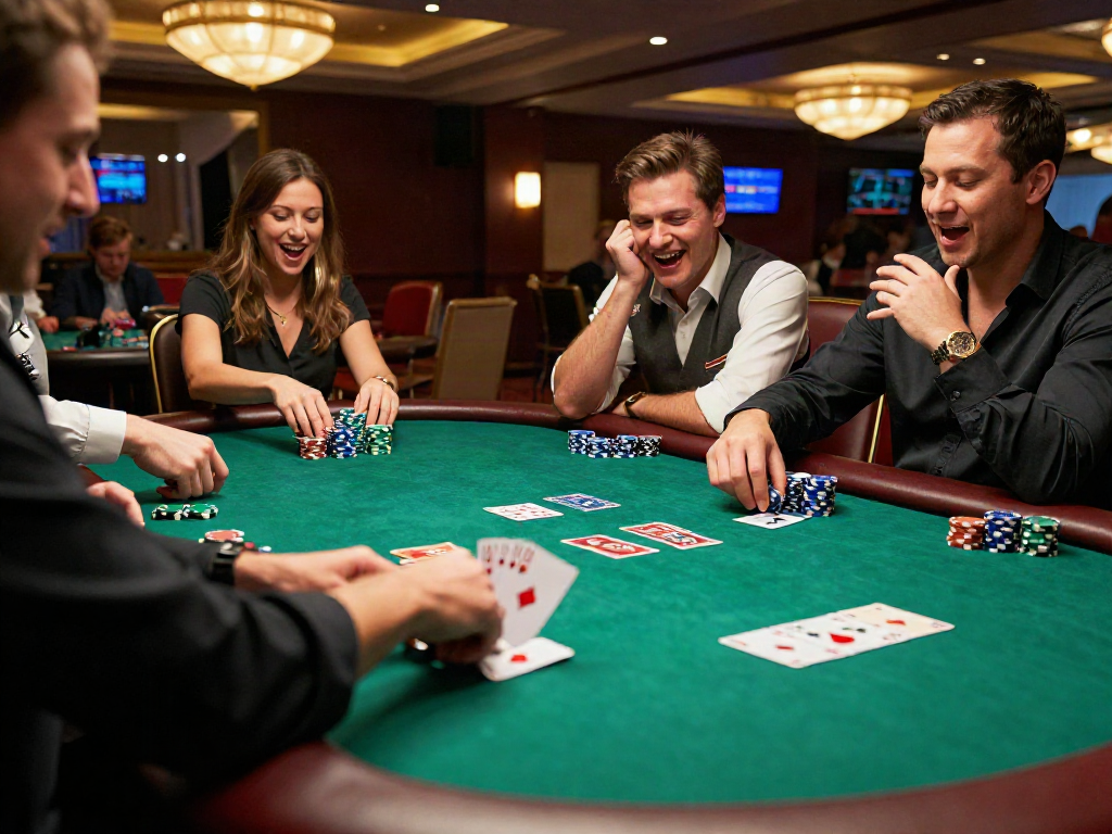 Excited players at TX88 casino table revealing poker hand, highlighting high stakes and thrilling atmosphere.