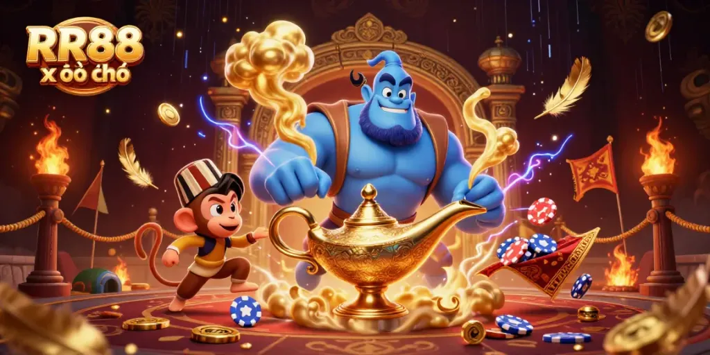 Engage with RR88 xổ số and win big with this vibrant 3D illustration of a casino adventure.