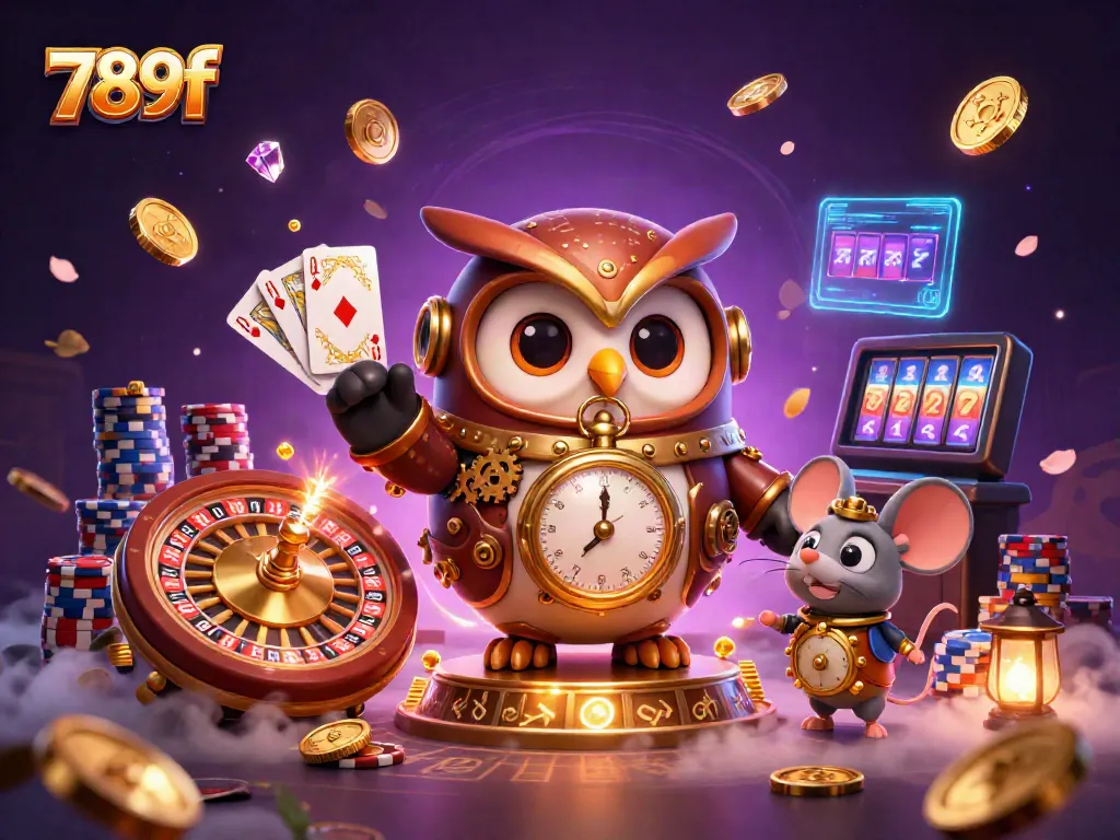 Win big with 789f as the cartoon owl guides players through a vibrant casino scene.