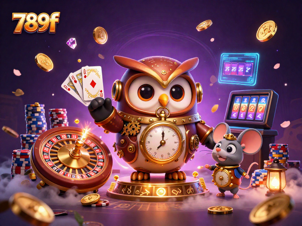 Win big with 789f as the cartoon owl guides players through a vibrant casino scene.