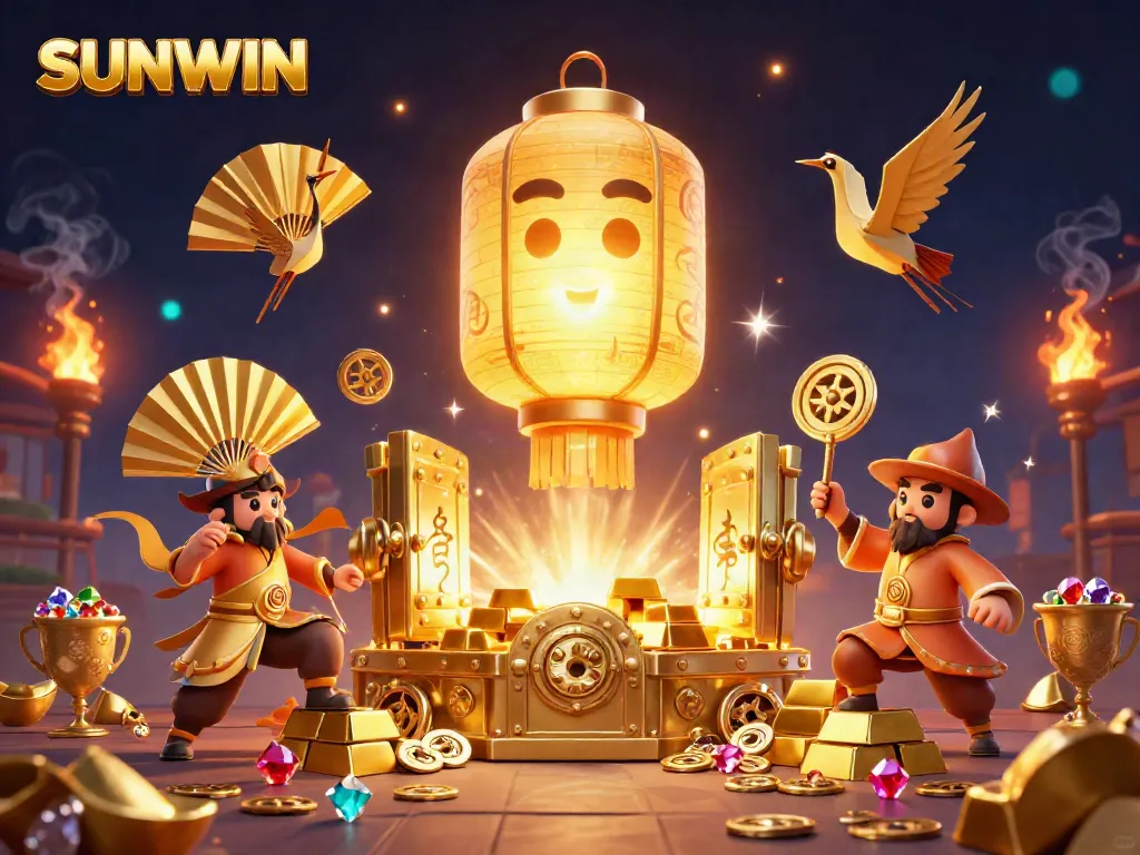 Spin and win at SUNWIN with a mesmerizing golden lantern spirit and treasure-filled casino scene.