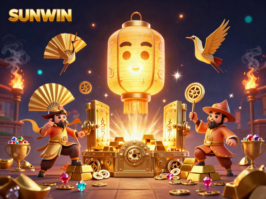 Spin and win at SUNWIN with a mesmerizing golden lantern spirit and treasure-filled casino scene.