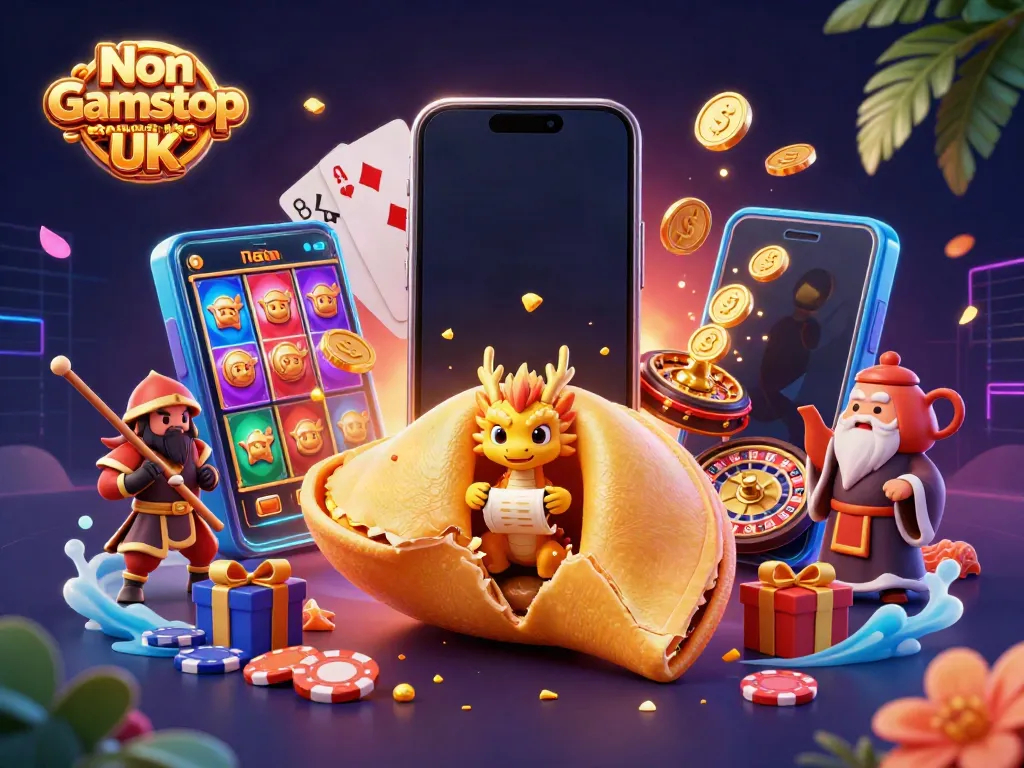 Engaging scene showcasing Non Gamstop Casino UK with a whimsical fortune cookie and casino elements flourishing.