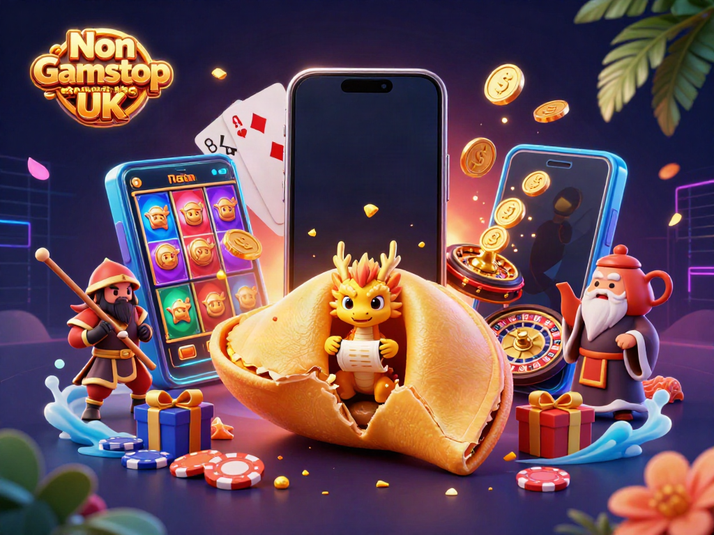 Engaging scene showcasing Non Gamstop Casino UK with a whimsical fortune cookie and casino elements flourishing.