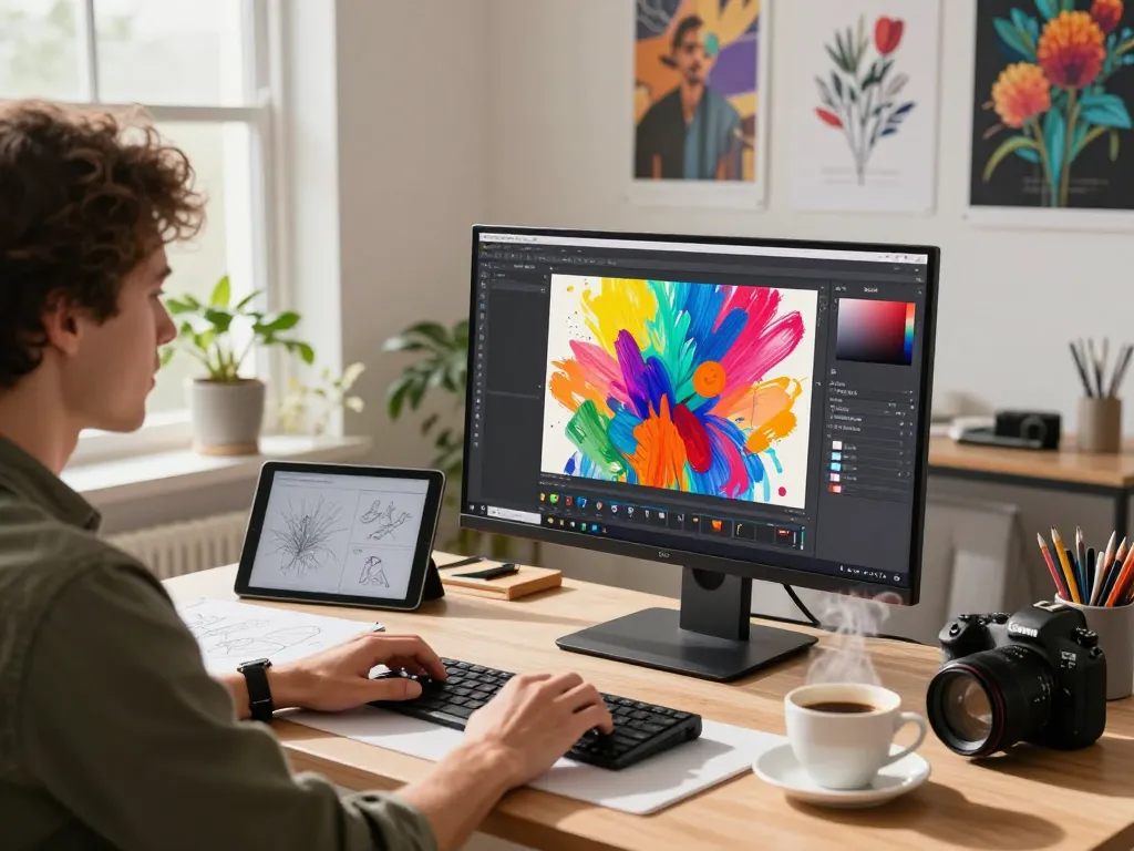 Digital artist editing vibrant artwork with nano banana ai in a bright studio.