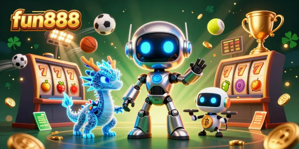 Experience fun888 with a vibrant cosmic casino showdown, featuring a cyberpunk robot and thrilling game elements.