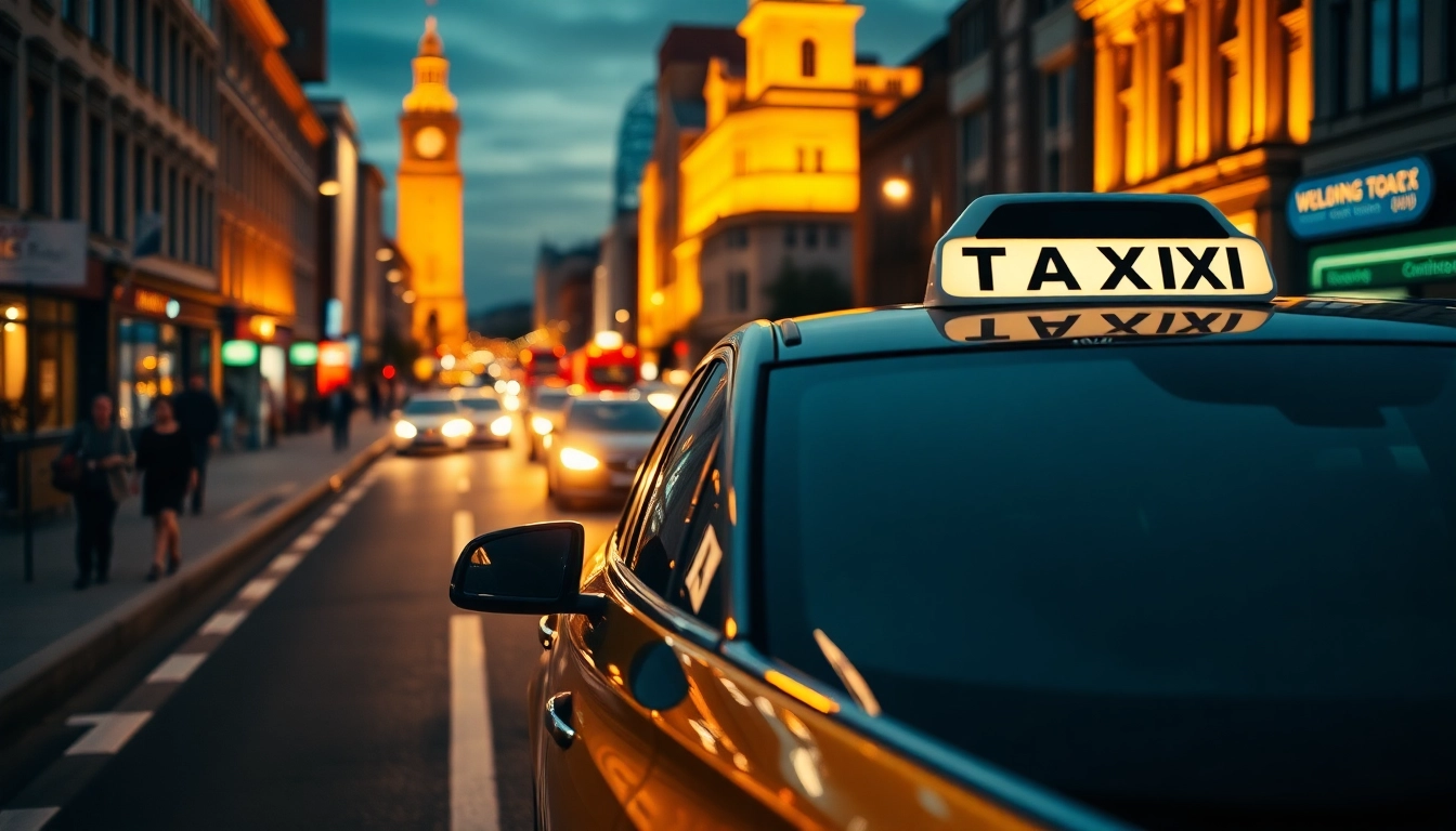 Woking taxi service prominently displayed against a lively urban background.
