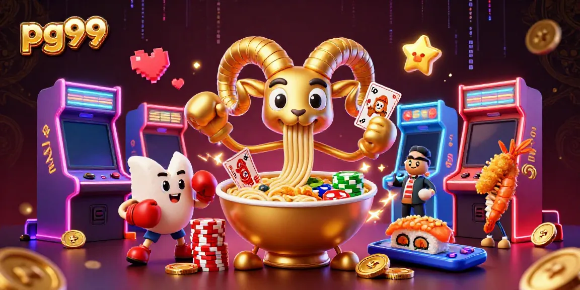 An engaging scene of dynamic characters in PG99 with a golden ramen bowl and vibrant casino elements.