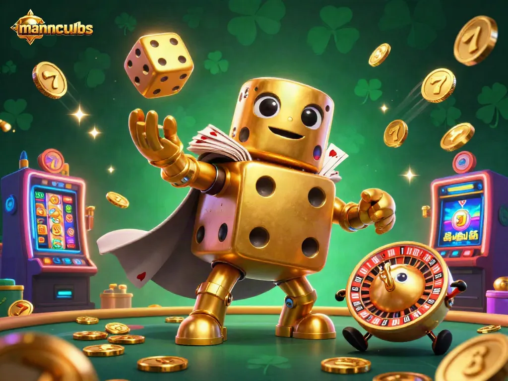 Experience excitement with manclubs in a vibrant 3D casino scene filled with dice and slot elements.