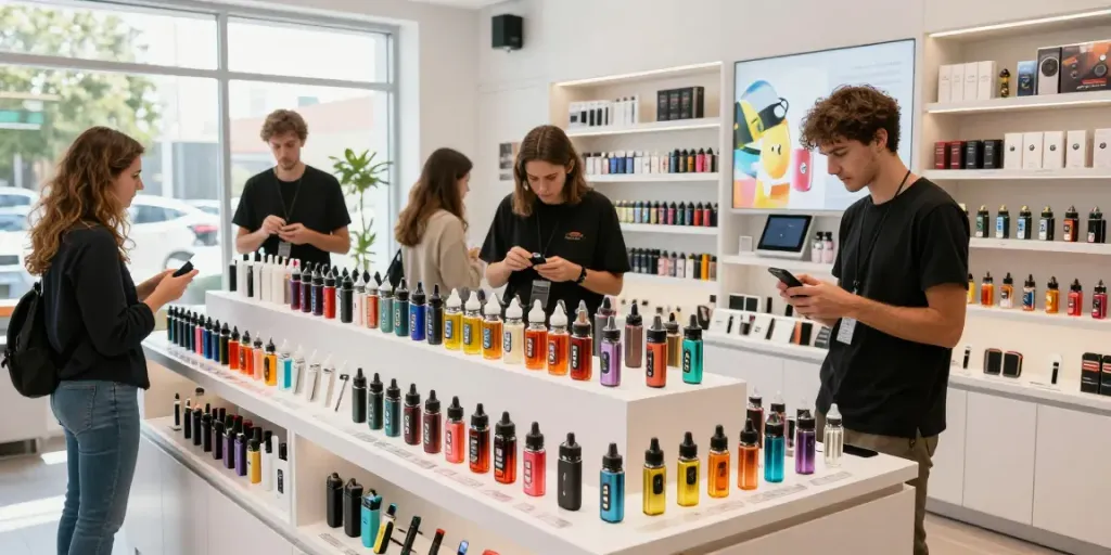 Shop scene showing vibrant display of rechargeable vapes and e-liquids, addressing are vapes banned in the uk?