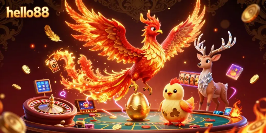 Experience the thrilling world of hello88 with a vibrant phoenix and immersive casino elements.
