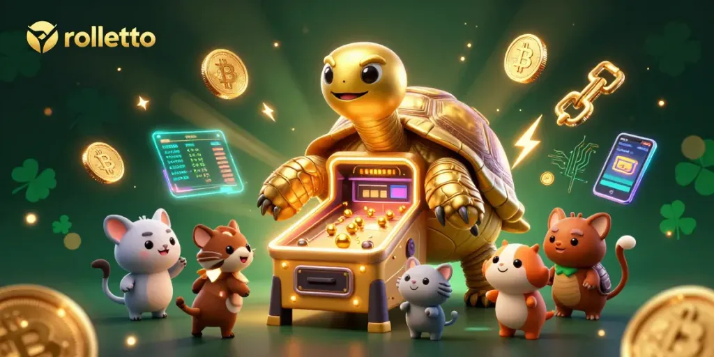 Experience thrilling rolletto games with a vibrant 3D casino scene featuring a golden tortoise.