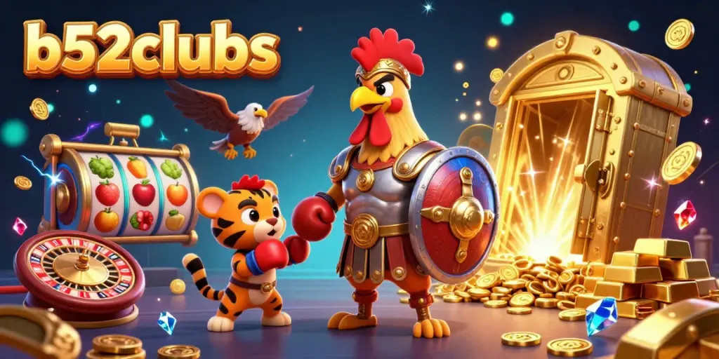 Experience the thrilling world of b52clubs with an engaging online casino scene featuring a gladiator rooster and vibrant game elements.