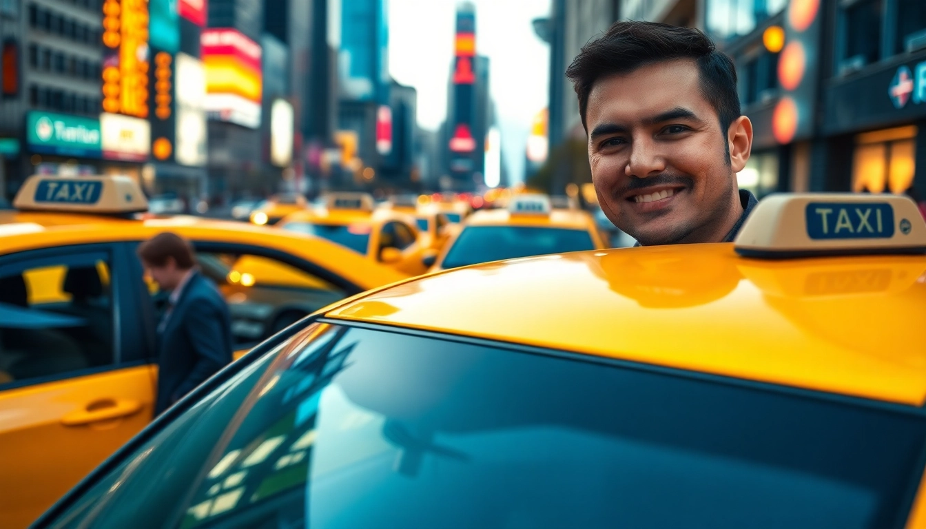 Taxis in an urban setting with a friendly driver, showcasing city life and vibrant evening colors.