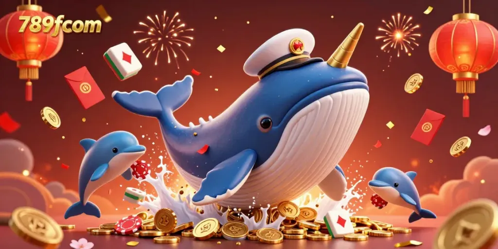 Experience thrilling moments with 789fcom as a whale and dolphins celebrate in a sea of gaming elements.